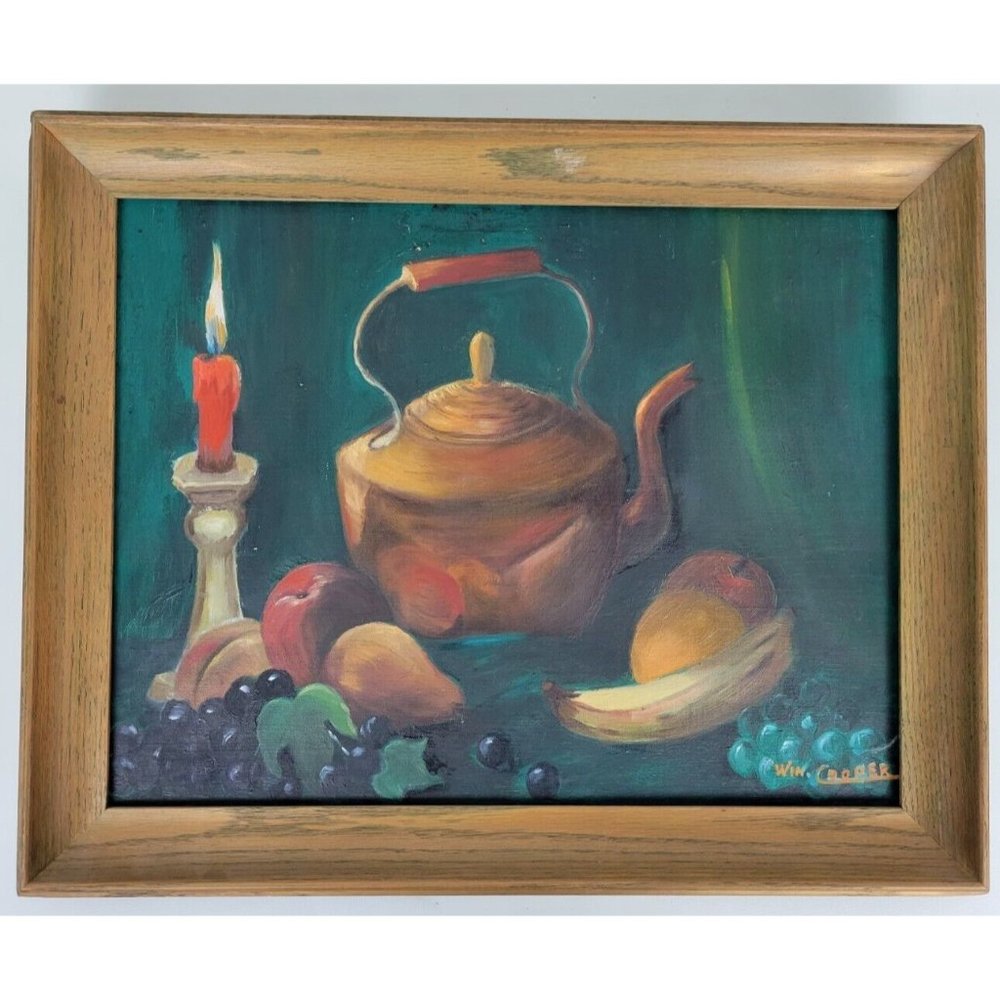 Vtg Framed Oil Painting Winifred Cooper Still Life Candlelight Fruit 17x13